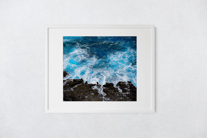 Cobalt blue sea, white frothy seafoam, lava rock, Halona Point, Oahu, Hawaii, Matted Phtot Print, Image