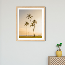 Load image into Gallery viewer, Palm Trees, Golden Sunset, Ocean, Grass, Waikiki, Oahu, Hawaii, Framed Matted Phtoto Print, Interior Entryway, Image