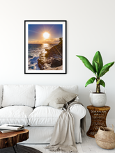 Load image into Gallery viewer, Lava rock cliffs, crashing ocean waves, Sunset, Diamond Head, Spitting Cave, Oahu, Hawaii, Framed Matted Photo Print, Interior Living room
