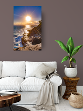 Load image into Gallery viewer, Lava rock cliffs, crashing ocean waves, Sunset, Diamond Head, Spitting Cave, Oahu, Hawaii, Metal Art Print, Interior Living room