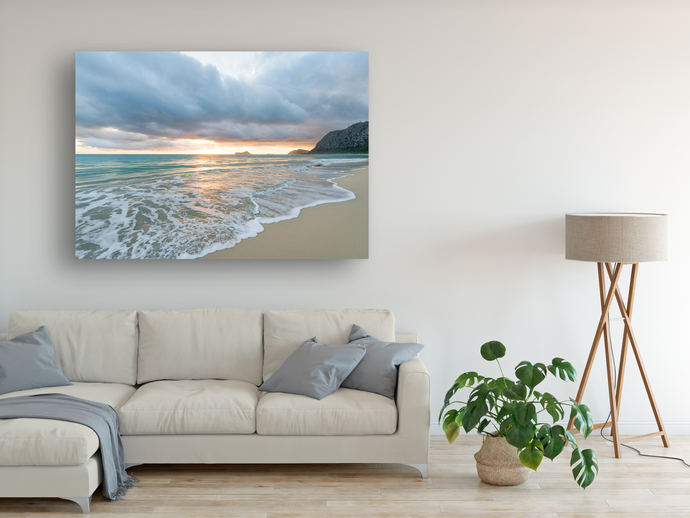 Waimanalo Beach, Oahu, Hawaii, Sunrise, Clouds, Ocean, Rabbit Island, Metal Art Print, Interior Living Room, Image