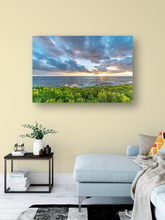 Load image into Gallery viewer, Puffy clouds, pastel sky, sunset, ocean, green plants, Oahu, Hawaii, Metal Art Print, Living Room Interior, Image