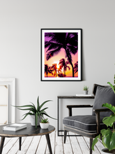 Load image into Gallery viewer, Purple, Pink, Yellow, Orange, Sunset, Palm Trees, Oahu, Hawaii, Framed Matted Photo Print, Living Room Interior, Image