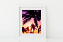 Load image into Gallery viewer, Purple, Pink, Yellow, Orange, Sunset, Palm Trees, Oahu, Hawaii, Matted Photo Print, Image
