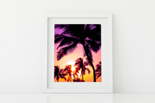 Load image into Gallery viewer, Purple, Pink, Yellow, Orange, Sunset, Palm Trees, Oahu, Hawaii, Matted Photo Print, Image