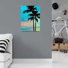 Load image into Gallery viewer, Palm trees silhouette, blue, pink, yellow, sunset, Waikiki, Oahu, Hawaii, Metal Art Print, Living Room Interior, Image
