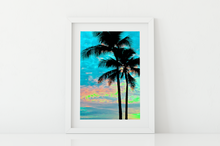 Load image into Gallery viewer, Palm trees silhouette, blue, pink, yellow, sunset, Waikiki, Oahu, Hawaii, Matted Photo Print, Image
