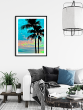 Load image into Gallery viewer, Palm trees silhouette, blue, pink, yellow, sunset, Waikiki, Oahu, Hawaii, Framed Matted Photo Print, Living Room Interior, Image