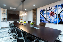 Load image into Gallery viewer, Pink Circular Flower, Branches Twisted, Blue and White Blurred Background, Oahu, Hawaii, Triptych Metal Art Print, Commercial Office Conference Room Interior, Image