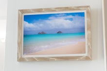 Load image into Gallery viewer, Mokulua Islands, Lanikai Beach, Teal Ocean, White Sand, Blue Sky, Puffy Clouds, Shoreline, Oahu, Hawaii, Wood Framed Metal Art Print, Living Room Interior,  Image