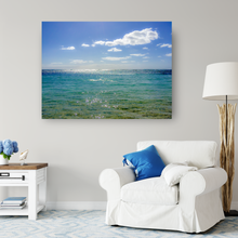 Load image into Gallery viewer, Sunlight, Sparkles, Green-Blue Sea, Puffy White Clouds, Kaimana Beach, Oahu, Hawaii, Metal Art Print, Living Room Interior, Image