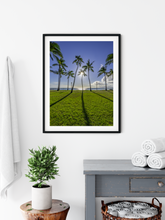 Load image into Gallery viewer, Blue sky, Green Grass, Palm Trees, Sun, Ocean, Shadows, Waikiki Beach Park, Oahu, Hawaii, Framed Matted Photo Print, Bathroom Interior, Image