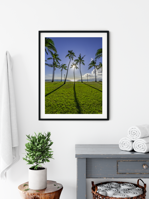 Blue sky, Green Grass, Palm Trees, Sun, Ocean, Shadows, Waikiki Beach Park, Oahu, Hawaii, Framed Matted Photo Print, Bathroom Interior, Image