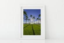 Load image into Gallery viewer, Blue sky, Green Grass, Palm Trees, Sun, Ocean, Shadows, Waikiki Beach Park, Oahu, Hawaii, Matted Photo Print, Image