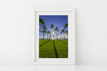 Load image into Gallery viewer, Blue sky, Green Grass, Palm Trees, Sun, Ocean, Shadows, Waikiki Beach Park, Oahu, Hawaii, Matted Photo Print, Image
