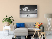 Load image into Gallery viewer, Black, White, pathway, sand, ocean, clouds, Oahu, Hawaii, Metal Art Print, Living Room Interior, Image