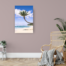 Load image into Gallery viewer, Coconut Palm Tree, Sand, Ocean, Clouds, North Shore, Oahu, Hawaii, Metal Art Print, Living Room Interior, Image