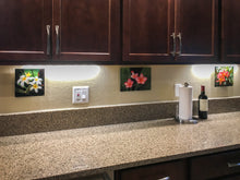 Load image into Gallery viewer, Vibrant Pink and Orange Plumerias, Green Leaves, Oahu, Hawaii, Metal Art Print, Kitchen Interior, Image