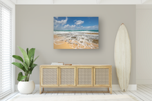 Load image into Gallery viewer, Blue sky, Puffy Clouds, Ocean, rocky shore, seafoam, North Shore, Beachscape, Oahu, Hawaii, Metal Art Print, Entry Interior, Image