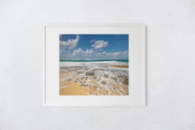 Load image into Gallery viewer, Blue sky, Puffy Clouds, Ocean, rocky shore, seafoam, North Shore, Beachscape, Oahu, Hawaii, Matted Photo Print, Image