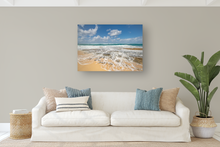 Load image into Gallery viewer, Blue sky, Puffy Clouds, Ocean, rocky shore, seafoam, North Shore, Beachscape, Oahu, Hawaii, Metal Art Print, Living Room Interior, Image