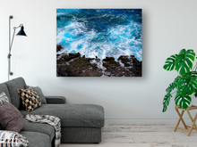 Load image into Gallery viewer, Cobalt blue sea, white frothy seafoam, lava rock, Halona Point, Oahu, Hawaii, Metal Art Print, Living Room Interior, Image
