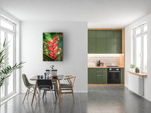 Load image into Gallery viewer, Red heliconias, lush green jungle foliage, Oahu, Hawaii, Metal Art Print, Dining Room Interior, Image