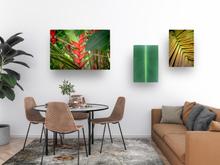 Load image into Gallery viewer, Red heliconias, lush green jungle foliage, Oahu, Hawaii, Metal Art Print, Dining Room Interior, Image