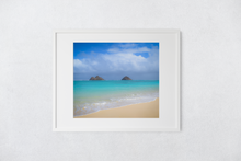 Load image into Gallery viewer, Mokulua Islands, Lanikai Beach, Teal Ocean, White Sand, Blue Sky, Puffy Clouds, Shoreline, Oahu, Hawaii, Matted Photo Print, Image