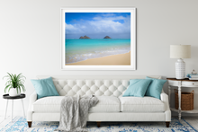Load image into Gallery viewer, Mokulua Islands, Lanikai Beach, Teal Ocean, White Sand, Blue Sky, Puffy Clouds, Shoreline, Oahu, Hawaii, Framed Matted Photo Print, Living Room Interior, Image