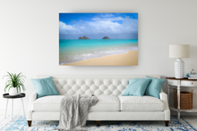 Load image into Gallery viewer, Mokulua Islands, Lanikai Beach, Teal Ocean, White Sand, Blue Sky, Puffy Clouds, Shoreline, Oahu, Hawaii, Metal Art Print, Living Room Interior,  Image