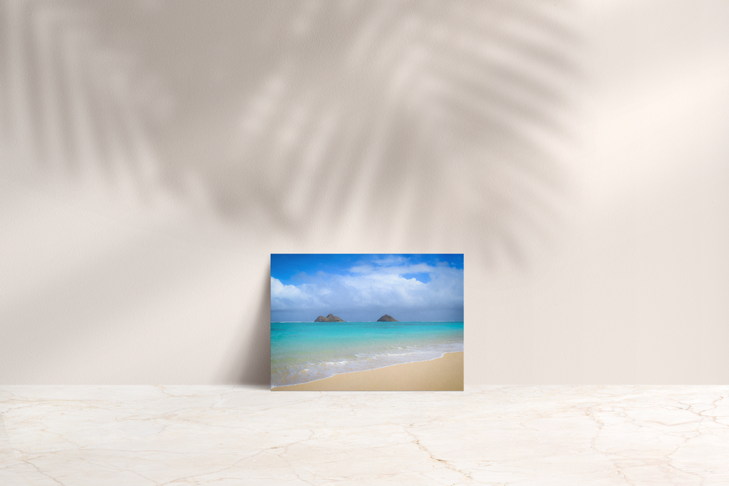 Mokulua Islands, Lanikai Beach, Teal Ocean, White Sand, Blue Sky, Puffy Clouds, Shoreline, Oahu, Hawaii, Folded Note Card, Image