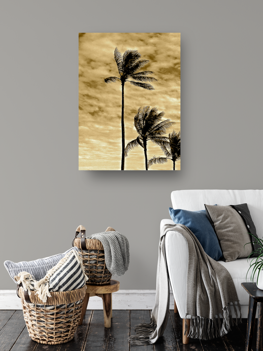 Palm trees, silhouette, sepia tones, clouds, Waikiki, Oahu, Hawaii, Metal Art Print, Living Room Interior, Image