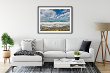 Load image into Gallery viewer, Lava Rock, Sand, Teal Ocean, White Seafoam, Blue Sky, Puffy Clouds, North Shore, Oahu, Hawaii, Framed Matted Photo Print, Living Room Interior, Image