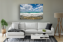Load image into Gallery viewer, Lava Rock, Sand, Teal Ocean, White Seafoam, Blue Sky, Puffy Clouds, North Shore, Oahu, Hawaii, Metal Art Print, Living Room Interior, Image