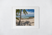 Load image into Gallery viewer, Coconut Palm Tree, Ocean, Lava Rock, Sand, White Puffy Clouds, Blue Sky, Shadow, North Shore, Oahu, Hawaii, Matted Photo Print, Image