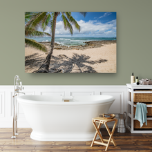 Load image into Gallery viewer, Coconut Palm Tree, Ocean, Lava Rock, Sand, White Puffy Clouds, Blue Sky, Shadow, North Shore, Oahu, Hawaii, Metal Art Print, Bathroom Interior, Image