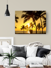 Load image into Gallery viewer, Palm trees, Silhouette, Golden Sunset, Ocean, Oahu, Hawaii, Metal Art Print, Living Room Interior, Image