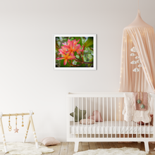 Load image into Gallery viewer, Vibrant Pink and Orange Plumerias, Green Leaves, Oahu, Hawaii, Framed Matted Photo Print, Kids' Room Interior, Image