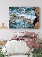 Load image into Gallery viewer, Cliffs, Energetic Ocean, Waves, Rocks, Oahu, Hawaii, Metal Art Print, Bedroom Interior, Image