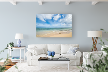Load image into Gallery viewer, Beachscape, Sand, Teal Ocean, Blue Sky, Clouds, Metal Art Print, Living Room Interior, Image