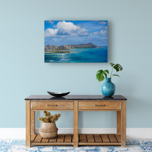 Load image into Gallery viewer, Diamond Head, Hilton Hawaiian Village, Surf Swell, Honolulu, Waikiki, Ocean, Sky, Clouds, Metal Art Print, Interior Entryway, Image