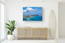 Load image into Gallery viewer, Diamond Head, Hilton Hawaiian Village, Surf Swell, Honolulu, Waikiki, Ocean, Sky, Clouds, Metal Art Print, Interior Entryway, Image