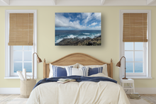 Load image into Gallery viewer, Lava Rock Mountainside, Crashing Waves, Puffy Clouds, Ocean, Sky, Oahu, Hawaii, Metal Art Print, Bedroom Interior, Image