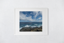 Load image into Gallery viewer, Lava Rock Mountainside, Crashing Waves, Puffy Clouds, Ocean, Sky, Oahu, Hawaii, Matted Photo Print, Image