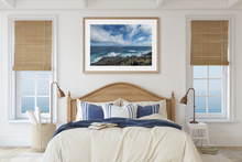 Load image into Gallery viewer, Lava Rock Mountainside, Crashing Waves, Puffy Clouds, Ocean, Sky, Oahu, Hawaii, Framed Matted Photo Print, Bedroom Interior, Image