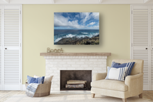 Load image into Gallery viewer, Lava Rock Mountainside, Crashing Waves, Puffy Clouds, Ocean, Sky, Oahu, Hawaii, Metal Art Print, Living Room Interior, Image