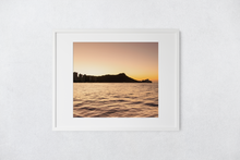 Load image into Gallery viewer, Sunrise, Golden Sky, Diamond Head, Ocean, Sihouettes, Waikiki, Oahu, Hawaii, Framed Matted Photo Print, Image