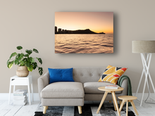 Load image into Gallery viewer, Sunrise, Golden Sky, Diamond Head, Ocean, Sihouettes, Waikiki, Oahu, Hawaii, Metal Art Print, Living Room Interior, Image