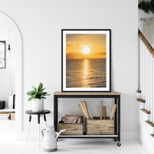 Load image into Gallery viewer, Ocean, Sunset, Golden Sky, Surfers, Waves, Waikiki, Oahu, Hawaii, Framed Matted Photo Print, Interior Entryway, Image